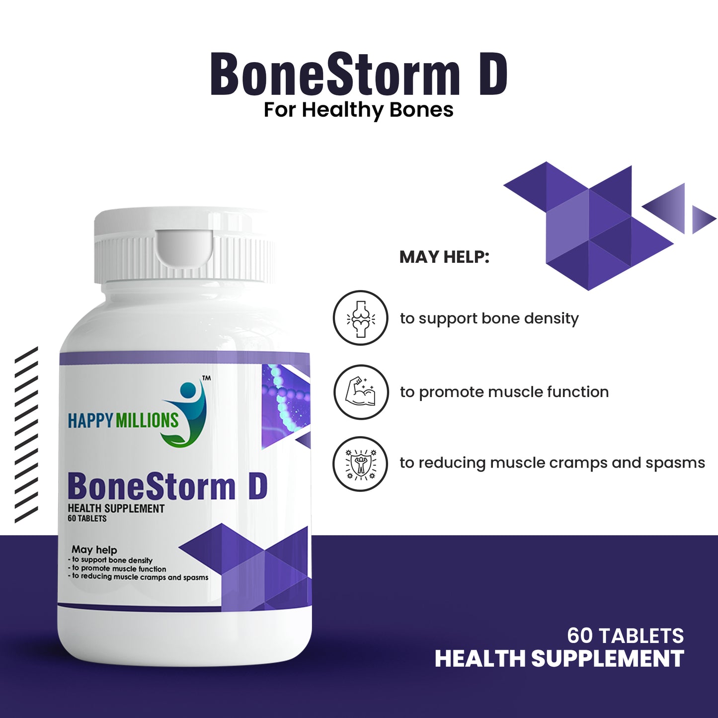 HappyMillions BoneStorm D Tablets | Calcium, Vitamin D3, Magnesium & Zinc | Supports Bone Density & Joint Health | Reduces Muscle Cramps | 60 Tablets