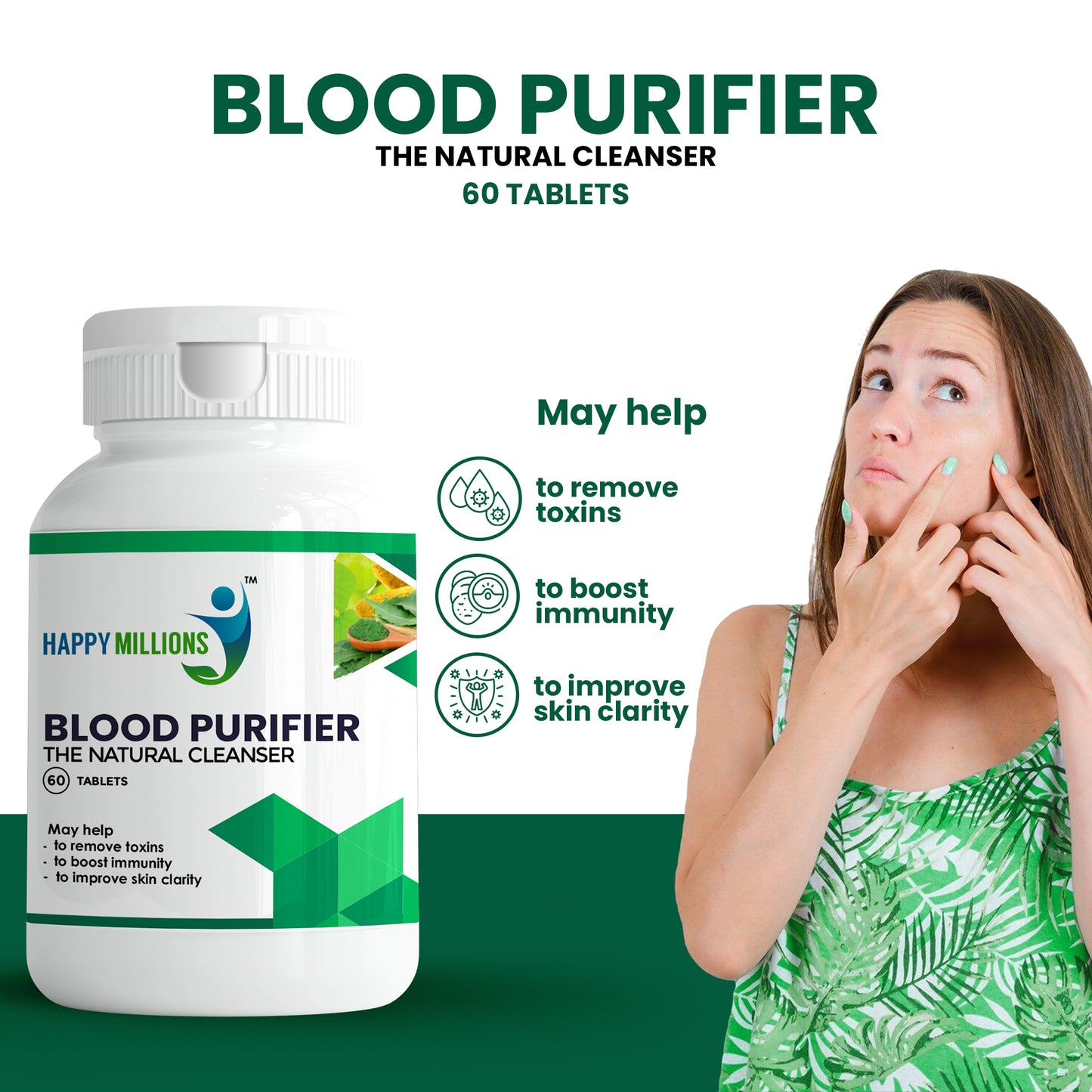 HappyMillions Blood Purifier Tablets | Ayurvedic Detox for Clear Skin & Immunity Boost | Neem, Giloy, Amla, Haldi | Supports Liver Health | 60 Tablets