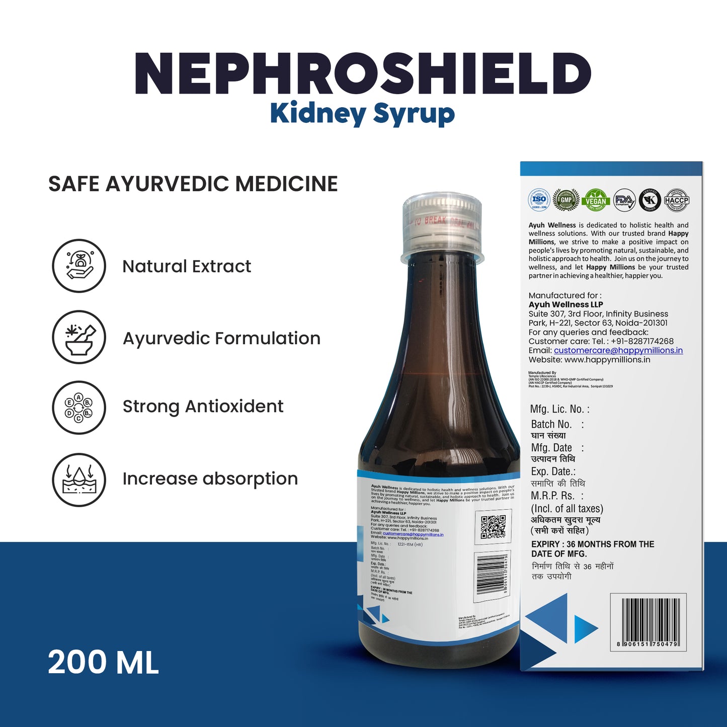 HappyMillions Neem Tablets (60 Tablets) & NephroShield Syrup (200 ml) Combo – Natural Kidney Health & Immune Support
