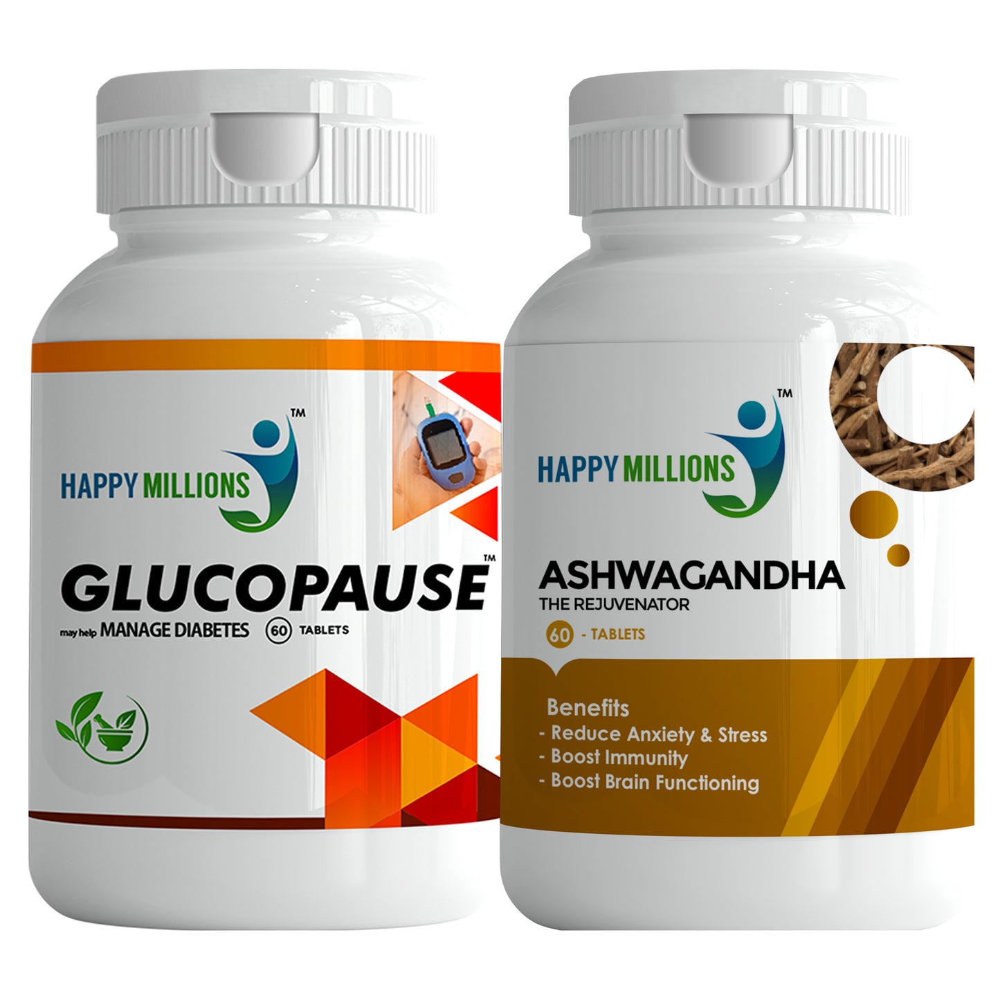 HappyMillions GlucoPause & Ashwagandha Combo | Natural Blood Sugar & Stress Support | 60 Tablets of Each | Enhances Metabolism & Promotes Calm