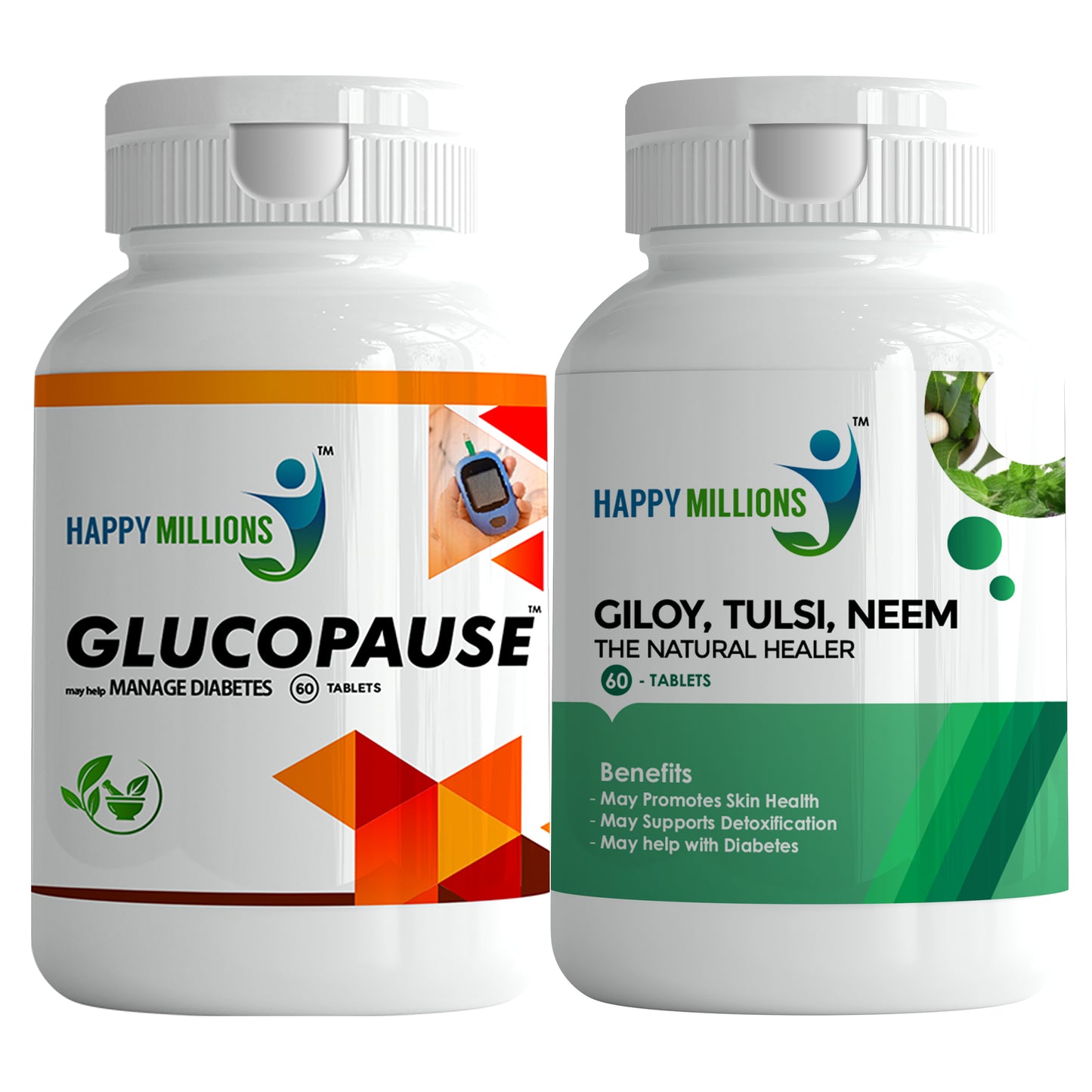 HappyMillions GlucoPause & Giloy Tulsi Neem Combo | Natural Diabetes & Immunity Support | Regulates Blood Sugar & Boosts Immunity | 60 Tablets + 60 Tablets