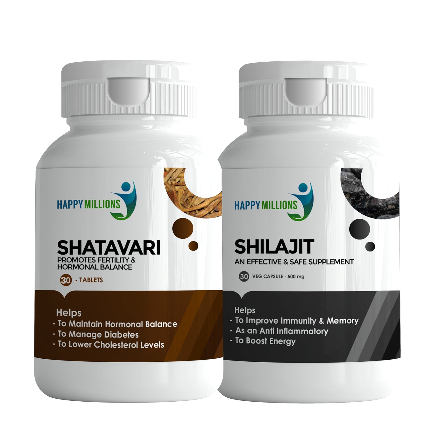 Enhance Vitality with Happy Millions Shatavari & Shilajit: A Fusion for Energy, Strength, and Wellness.