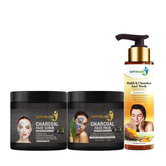 Haldi & Chandan Face Wash(100ml), Charcoal Face Pack(100gm) & Charcoal Face Scrub (100gm) || Ayurvedic and Natural || Suitable for all skin types