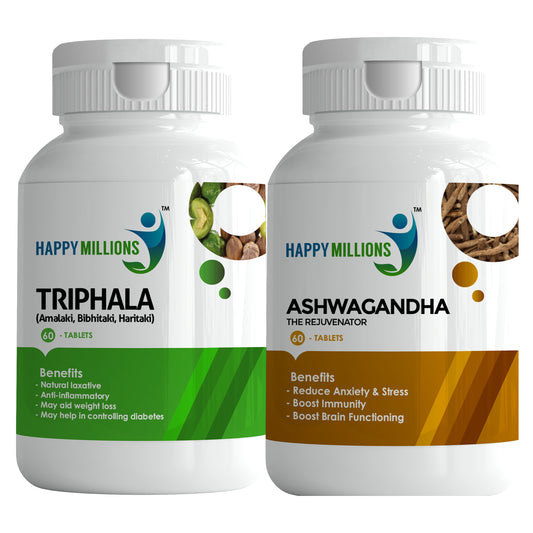 HappyMillions Triphala & Ashwagandha Combo | 60 Triphala Tablets + 60 Ashwagandha Tablets | Ayurvedic Wellness for Digestive Health, Stress Relief & Immunity Boost