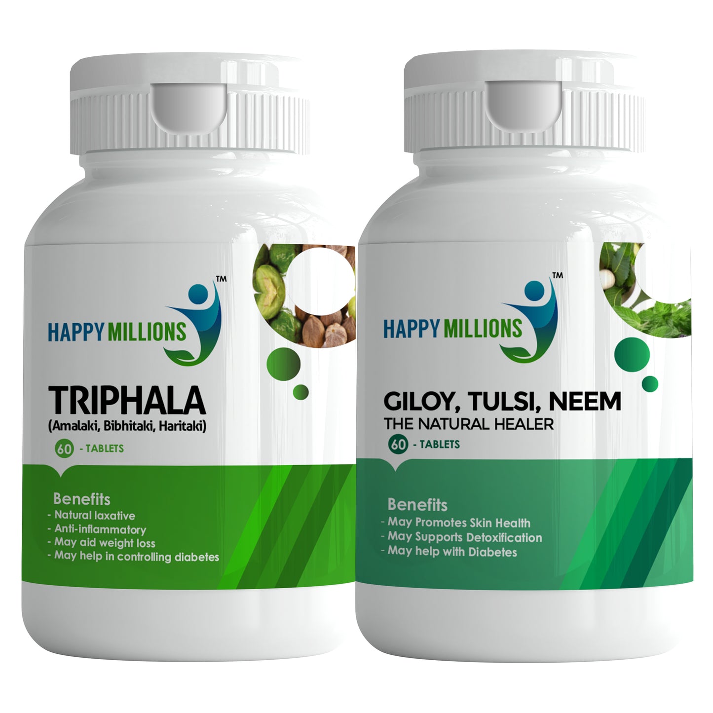 HappyMillions Triphala Tablets & Giloy Tulsi Neem Tablets Combo | Ayurvedic Detox, Immunity & Digestive Health Support | 60 Tablets Each