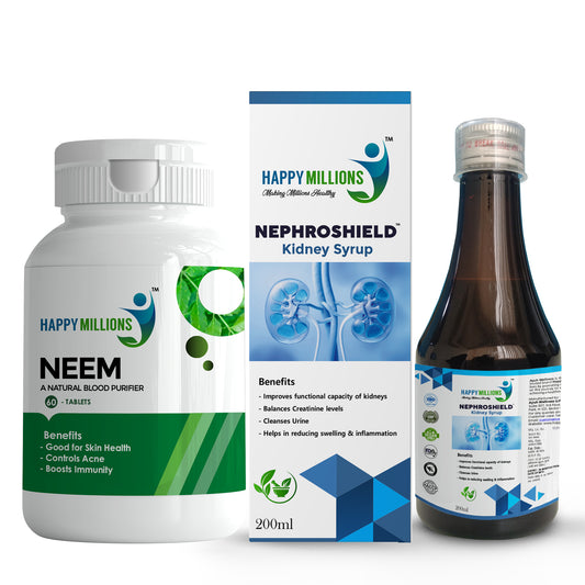 HappyMillions Neem Tablets (60 Tablets) & NephroShield Syrup (200 ml) Combo – Natural Kidney Health & Immune Support