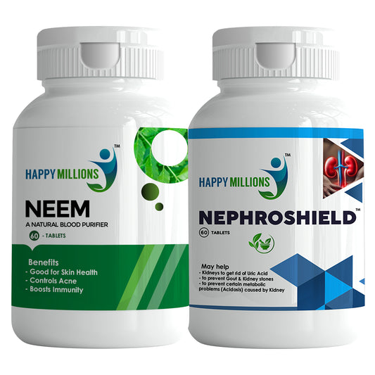 HappyMillions Neem Tablets & NephroShield Kidney Detox Combo | Ayurvedic Immune Support & Kidney Health | 60+60 Tablets