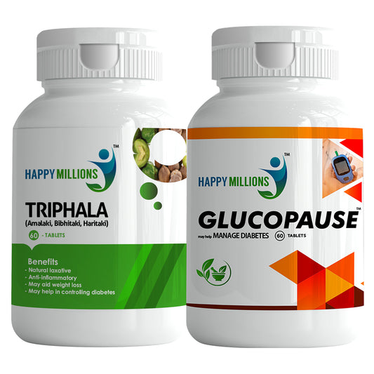 HappyMillions Triphala Tablets & Glucopause Tablets Combo | 60 Tablets Each | Digestive Health & Blood Sugar Support | Ayurvedic Herbal Supplement