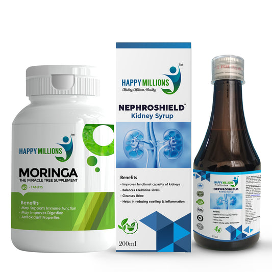 HappyMillions Moringa Tablets & NephroShield Kidney Detox Syrup Combo | Ayurvedic Kidney Health & Detox Support | 200 ml Syrup & 60 Tablets | Supports Kidney Function, Balances Creatinine, Reduces Swelling & Inflammation