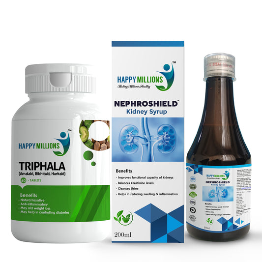 HappyMillions Triphala Tablets & Nephroshield Syrup Combo | Digestive & Kidney Health Support | Natural Detox & Urinary Wellness | 60 Tablets & 200ml Syrup