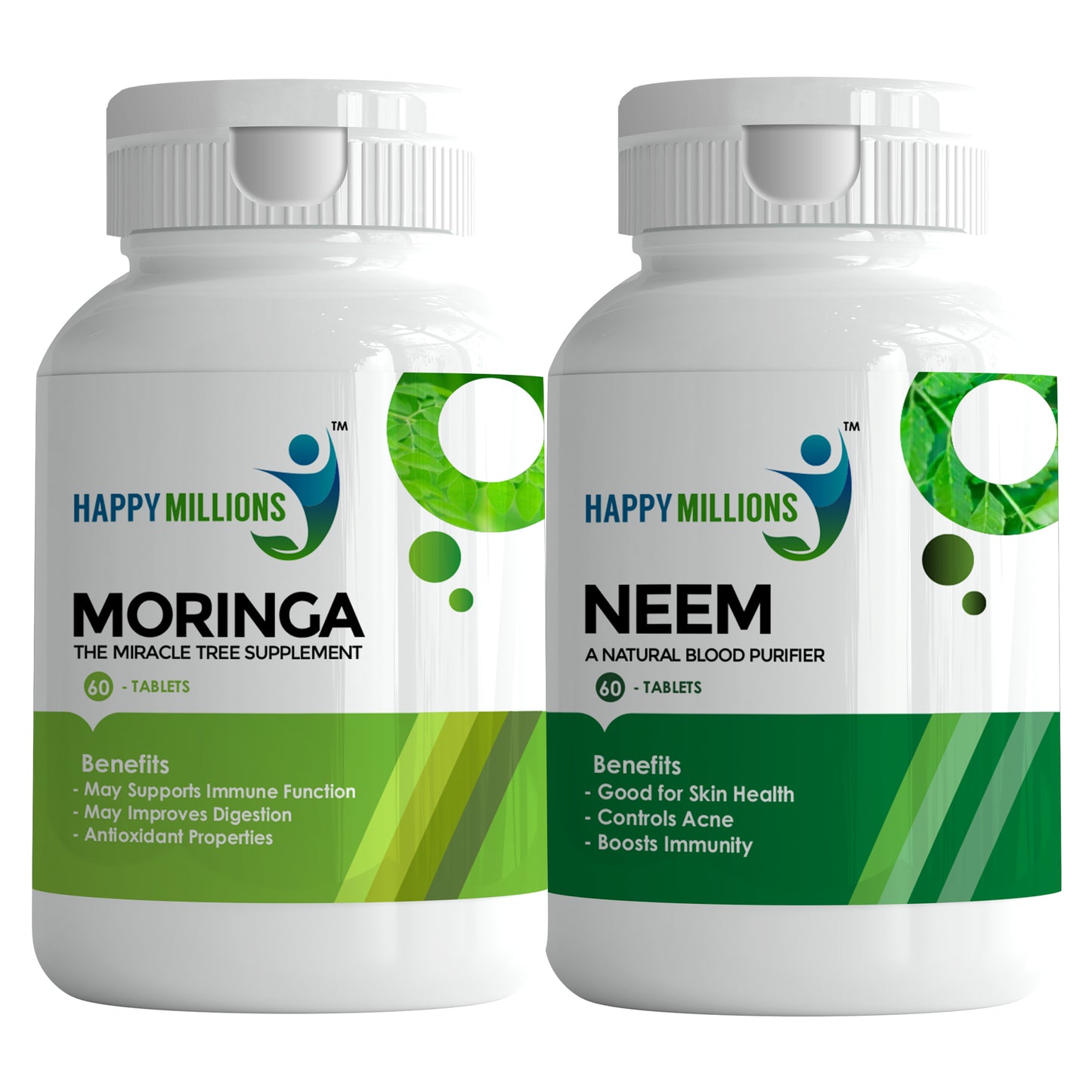 HappyMillions Moringa & Neem 60 Tablets Combo | Ayurvedic Immune Support & Detox Supplement | Promotes Skin Health, Detoxification, and Overall Wellness