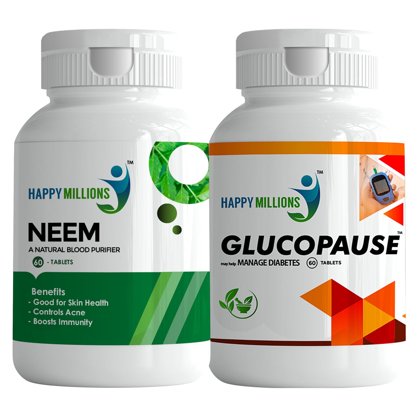 HappyMillions Neem & Glucopause Tablet Combo | Natural Blood Sugar Support & Immune Health | 60+60 Tablets | Ayurvedic Formula