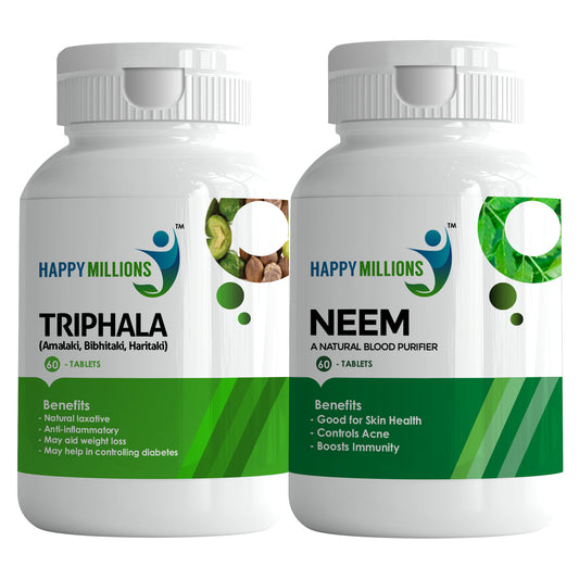 HappyMillions Triphala & Neem Tablets Combo | Ayurvedic Digestive & Skin Health Support | 60 Tablets Each | Detoxifies, Aids Digestion, Promotes Clear Skin & Boosts Immunity