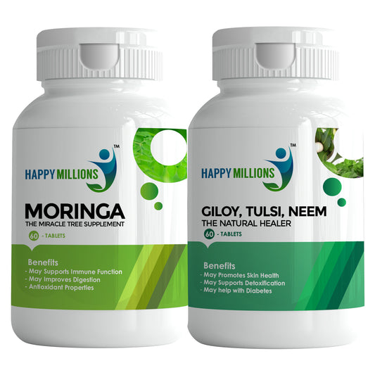 HappyMillions Moringa & Giloy Tulsi Neem Tablets Combo | 60+60 Ayurvedic Tablets | Immunity & Detox Support | 100% Natural Herbal Supplement