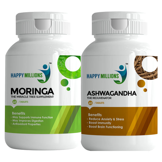 HappyMillions Moringa & Ashwagandha Tablets Combo | 60 + 60 Tablets | Ayurvedic Immune Support, Energy Boost, Stress Relief & Overall Wellness