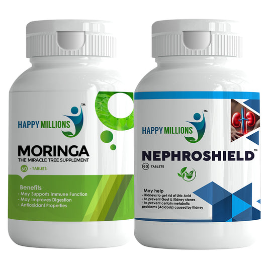 HappyMillions Moringa & NephroShield 60 Tablets Combo | Ayurvedic Kidney Health & Immunity Support | Detox & Wellness | 100% Natural Herbal Supplement