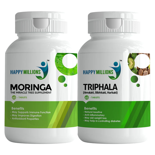 HappyMillions Moringa & Triphala Tablets Combo | 60 Tablets Each | Immunity, Digestion & Detox Support | Ayurvedic Herbal Supplement