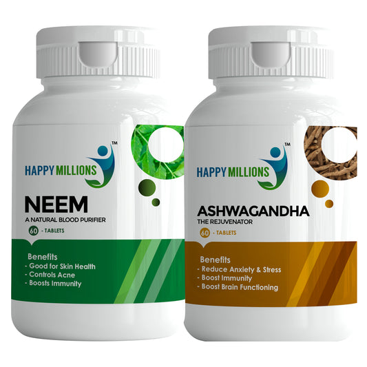 HappyMillions Neem & Ashwagandha Combo | Ayurvedic Immune & Stress Support | 60+60 Tablets