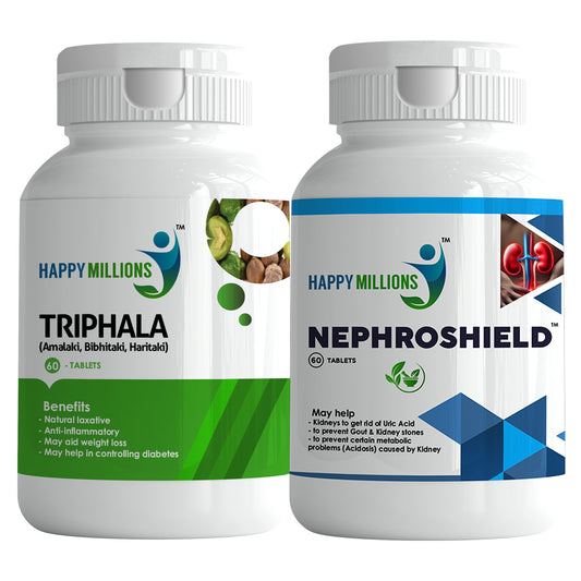 HappyMillions Triphala & Nephroshield 60 Tablets Combo | Ayurvedic Digestive Support & Kidney Health Supplement | Natural Detox & Cleansing Formula