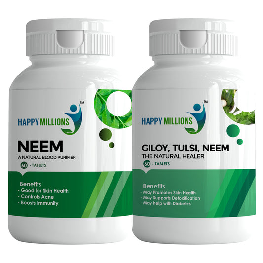 HappyMillions Neem Tablets & Giloy Tulsi Neem Tablets Combo | Ayurvedic Immunity & Detox Support | Natural Skin Care & Wellness Supplement | 60+60 Tablets