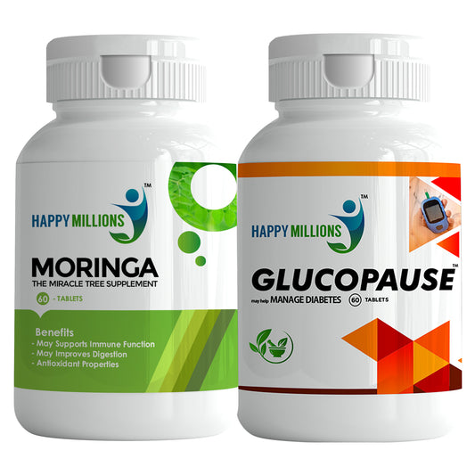 HappyMillions Moringa & Glucopause 60 Tablets Combo | Ayurvedic Immunity & Blood Sugar Support | Natural Diabetes Care & Wellness | Herbal Supplement Pack