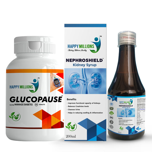 HappyMillions GlucoPause Tablets & NephroShield Syrup Combo | Blood Sugar Regulation & Kidney Health Support | 60 Tablets + 200ml Syrup