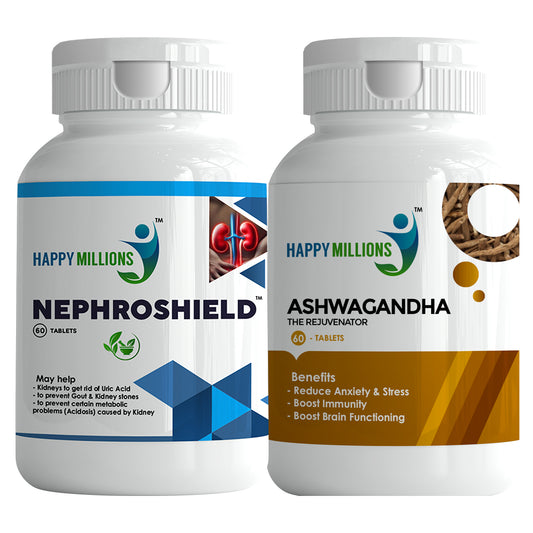 HappyMillions NephroShield & Ashwagandha Combo | Kidney Health & Stress Relief Support | Natural Ayurvedic Supplements for Detox & Well-Being | 60+60 Tablets