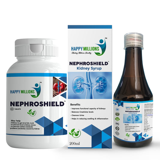 HappyMillions NephroShield Combo | Kidney Health Support | Ayurvedic Tablets & Syrup | Detoxifies & Protects Kidneys | Helps Prevent Stones & Reduces Inflammation | 60 Tablets + 200ml Syrup