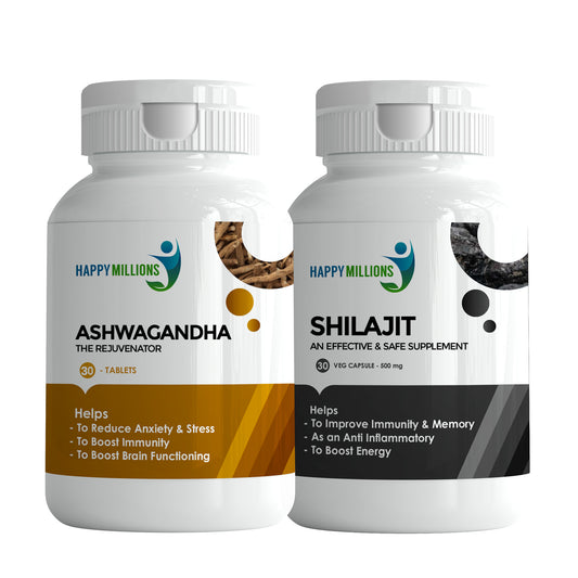 Discover the Power of Happy Millions Ashwagandha & Shilajit Ingredients for Enhanced Energy, Vitality, and Wellness.