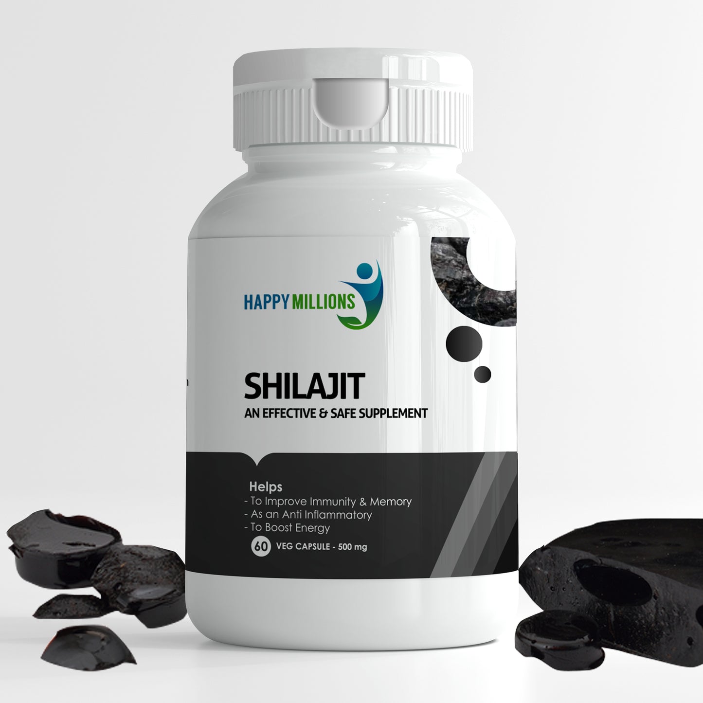 Happy Millions Shilajit - An Effective & Safe Supplement | 60 Tablets | 500Mg