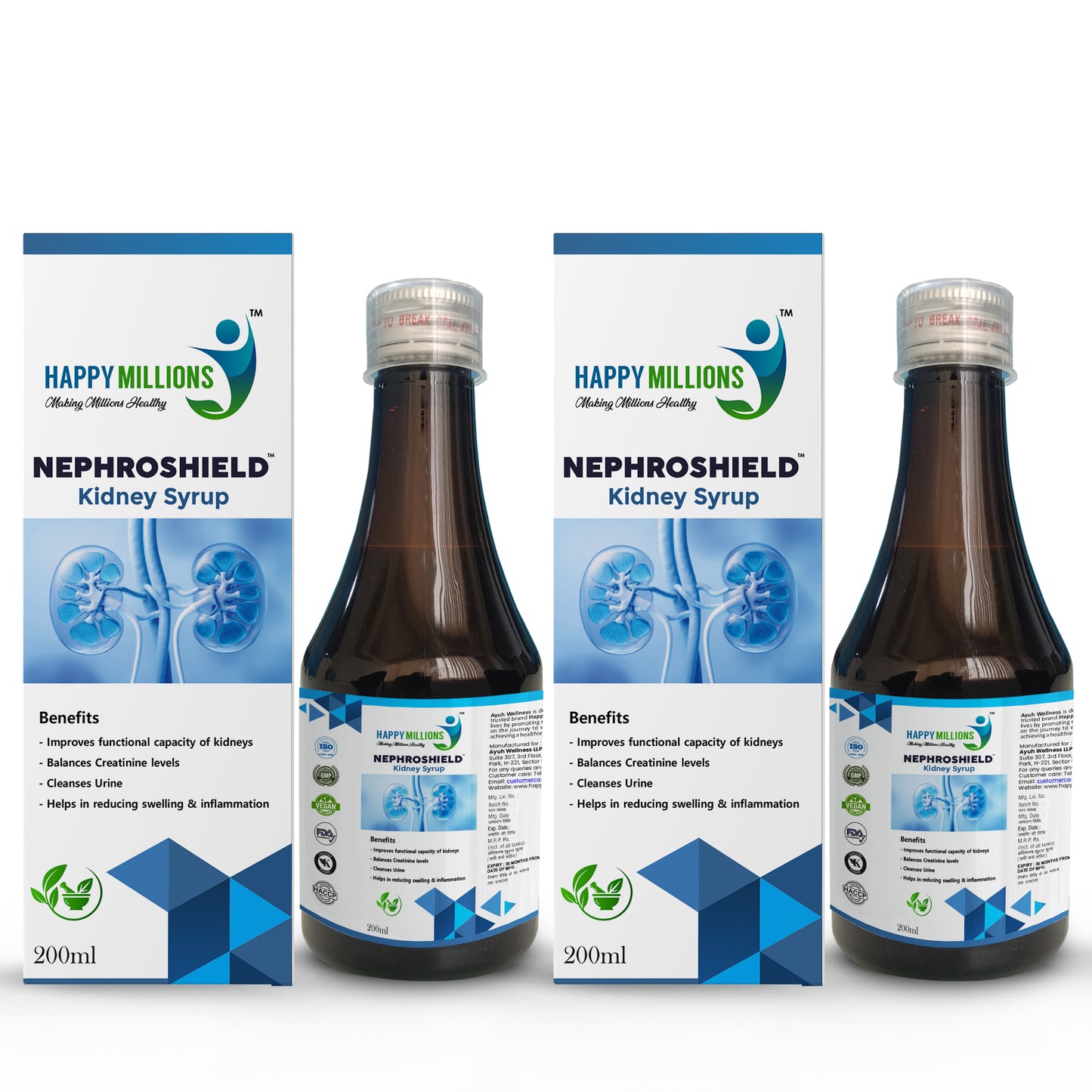 HappyMillions Nephroshield Syrup Kidney Detoxify Health Supplement 200ML | Pack of 2