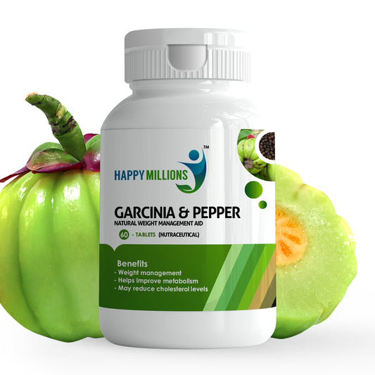 HappyMillions Garcinia & Pepper 60 Tablets | Natural Fat Burner | Weight Management & Metabolism Support | Ayurvedic Herbal Supplement