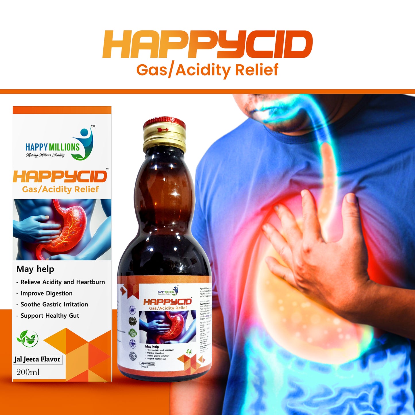 HappyMillions HappyCid Syrup | Ayurvedic Relief for Acidity, Gas & Indigestion | Soothes Heartburn, Promotes Healthy Digestion, Reduces Bloating | Herbal Digestive Support | 200ml