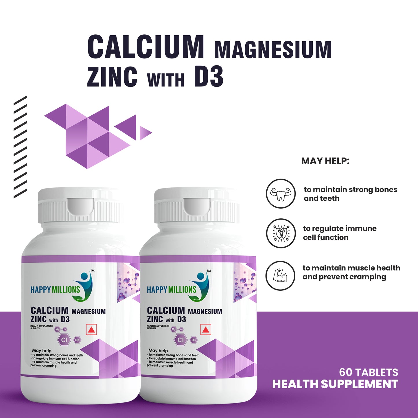 Happy Millions Calcium Magnesium Zinc with D3 Tablet | 60+60 Tablets | Pack of 2