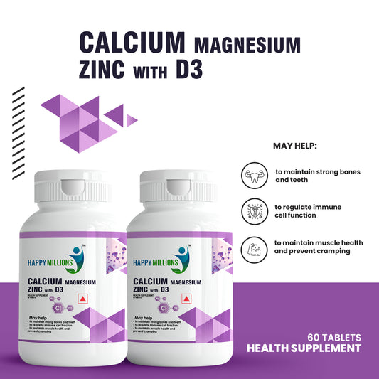 Happy Millions Calcium Magnesium Zinc with D3 Tablet | 60+60 Tablets | Pack of 2