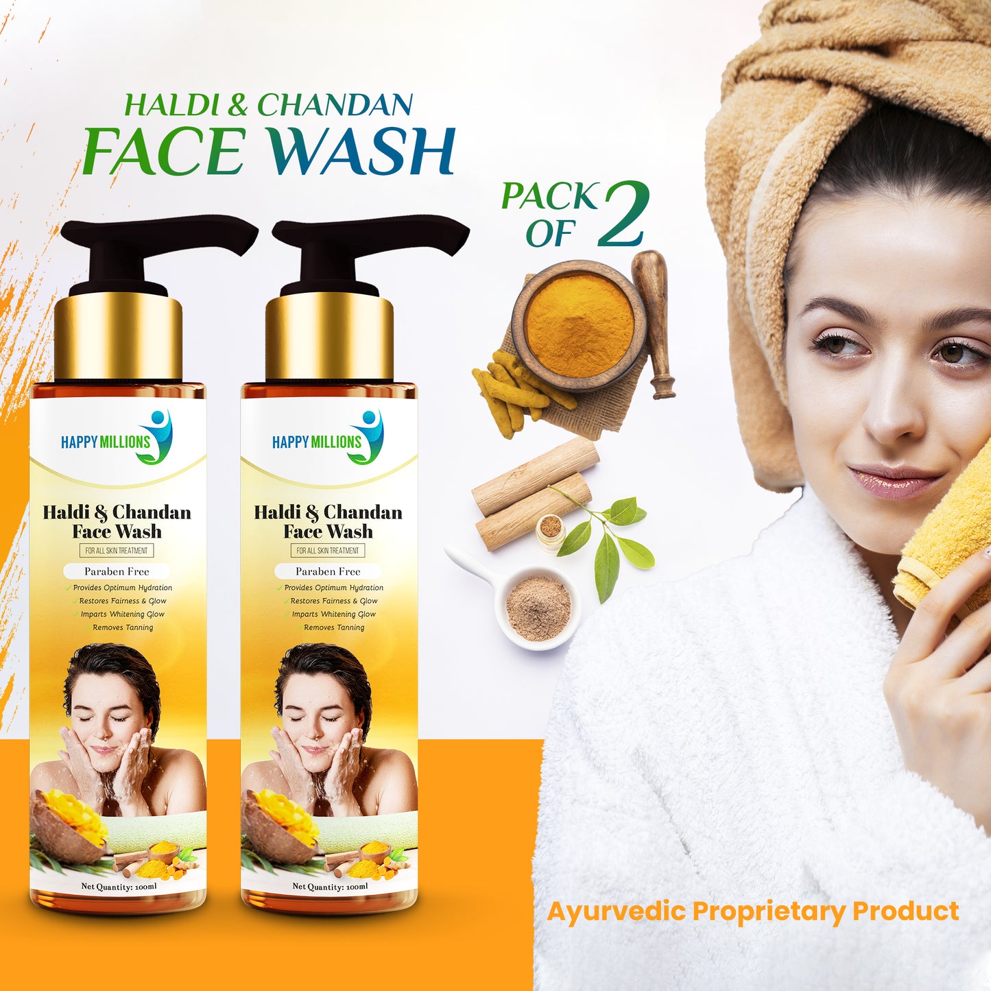 HappyMillions Haldi & Chandan Face Wash || Pack of Two (100gm +100gm)  || Ayurvedic and Natural