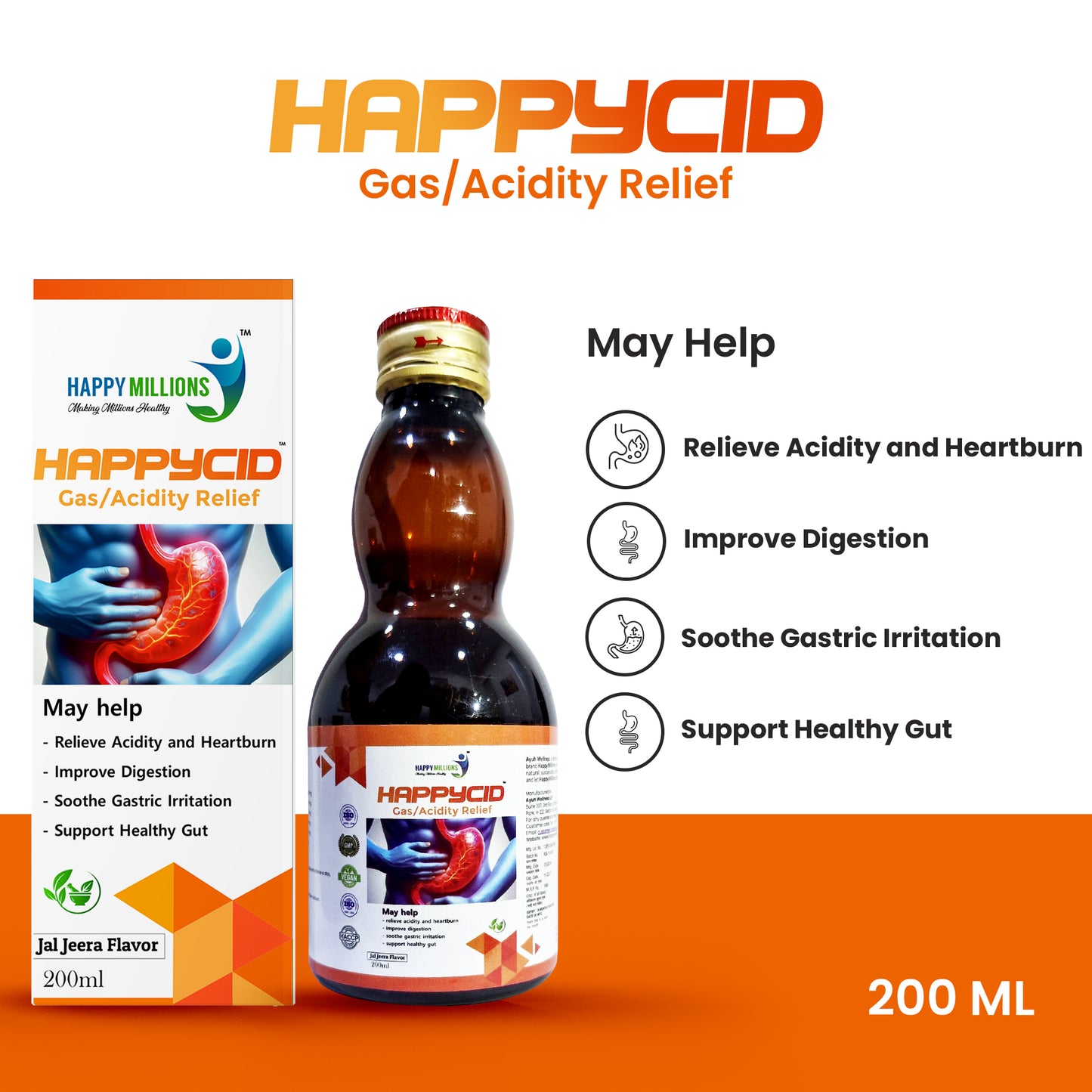 HappyMillions HappyCid Syrup | Ayurvedic Relief for Acidity, Gas & Indigestion | Soothes Heartburn, Promotes Healthy Digestion, Reduces Bloating | Herbal Digestive Support | 200ml