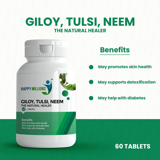 HappyMillions Triphala Tablets & Giloy Tulsi Neem Tablets Combo | Ayurvedic Detox, Immunity & Digestive Health Support | 60 Tablets Each