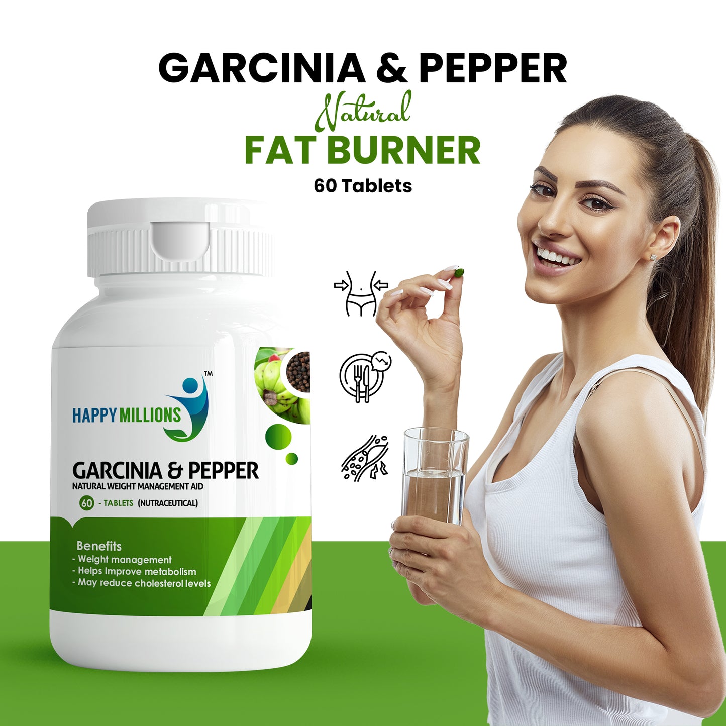 HappyMillions Garcinia Pepper & Calcium Combo | Natural Weight Management & Bone Health Support | 60 + 60 Tablets