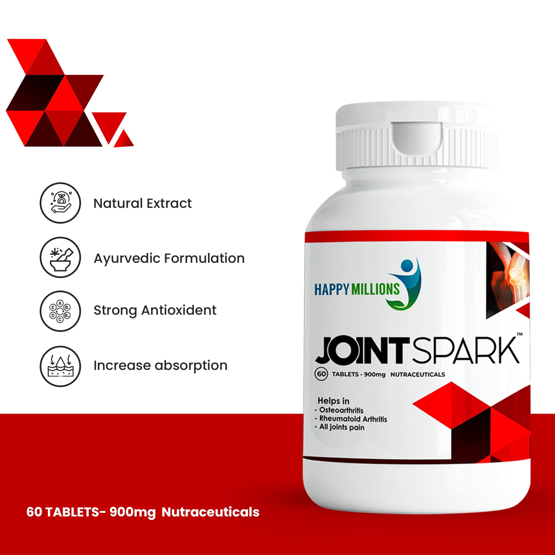 Explore Happy Millions Jointspark Benefits Natural Ayurvedic Relief for Joint Pain & Improved Flexibility with Key Ingredients for Optimal Joint Health.