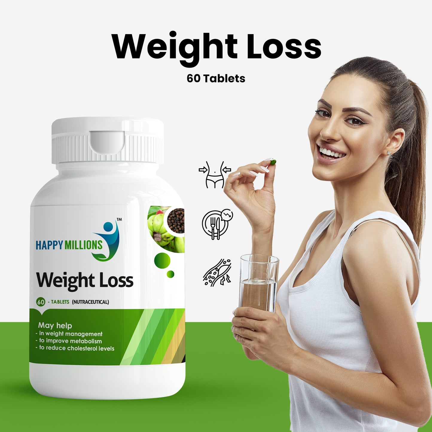 HappyMillions Weight Loss Supplement | Natural Fat Burner with Garcinia & Black Pepper | Boosts Metabolism, Aids in Weight Management & Reduces Cholesterol | 60 Tablets