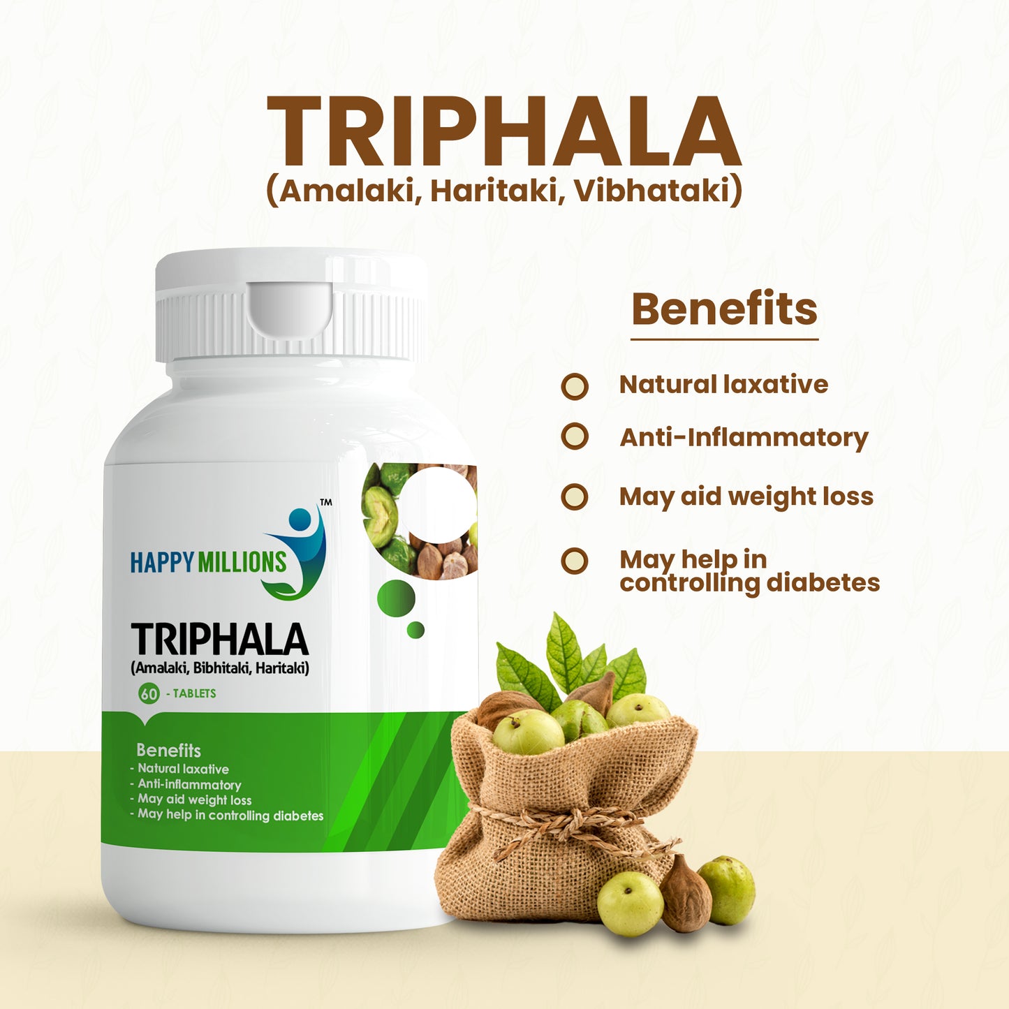 HappyMillions Triphala & Ashwagandha Combo | 60 Triphala Tablets + 60 Ashwagandha Tablets | Ayurvedic Wellness for Digestive Health, Stress Relief & Immunity Boost