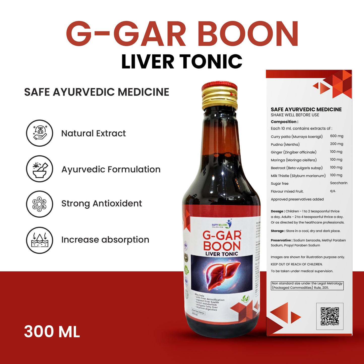 HappyMillions G-Gar Boon Liver Tonic | Ayurvedic Herbal Liver Detox | May Helps Liver Health, Aids Digestion, Reduces Fatty Liver, Boosts Metabolism, and Improves Vitality | 300ml