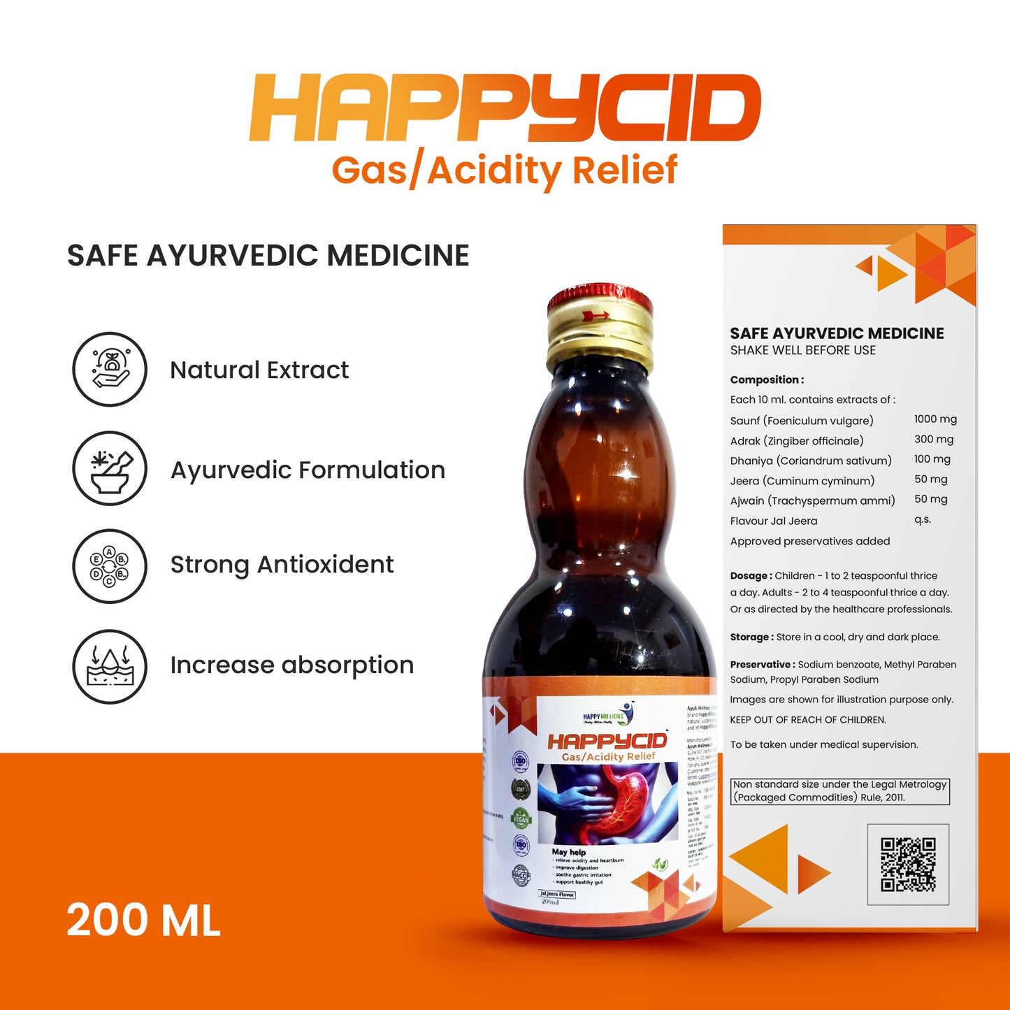 HappyMillions HappyCid Syrup | Ayurvedic Relief for Acidity, Gas & Indigestion | Soothes Heartburn, Promotes Healthy Digestion, Reduces Bloating | Herbal Digestive Support | 200ml