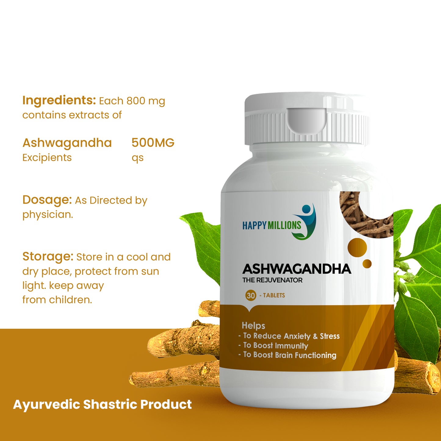 Explore the Power of Nature with Happy Millions Ashwagandha Key Ingredients for Stress Relief, Energy Boost, and Immune Support - Your Holistic Health Solution.