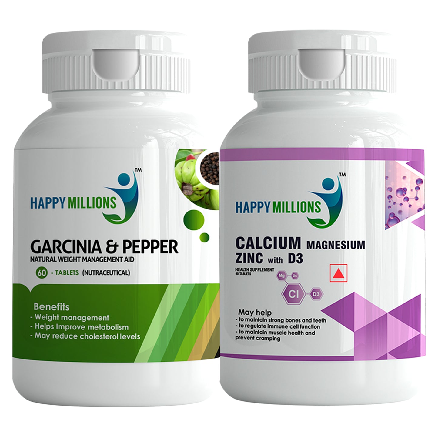 HappyMillions Garcinia Pepper & Calcium Combo | Natural Weight Management & Bone Health Support | 60 + 60 Tablets