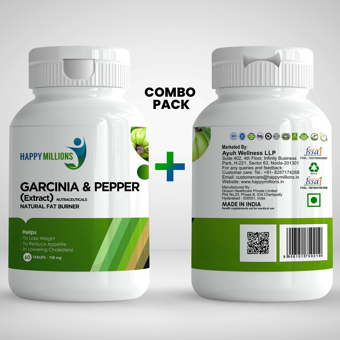 Happy Millions Garcinia & Pepper - Natural Fat Burner | 60 + 60 Tablets