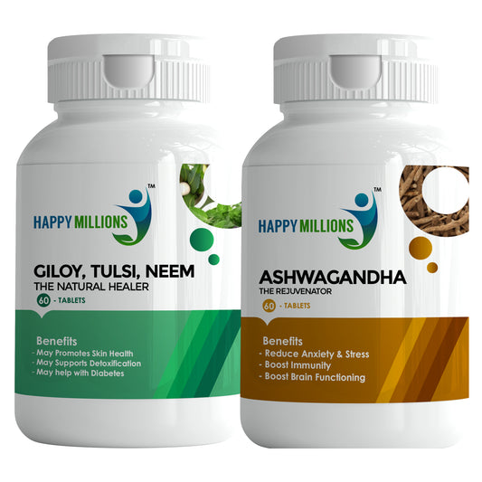 HappyMillions Giloy Tulsi Neem & Ashwagandha Tablets | 60 Tablets | Immune Support | Stress Relief | Detoxification | Promotes Overall Wellness