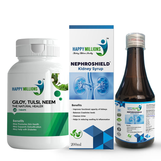 HappyMillions Giloy Tulsi Neem Tablets & NephroShield Syrup Combo | Ayurvedic Health Supplement | Boosts Immunity, Detoxifies Body, Supports Kidney Health | 60 Tablets + 200ml Syrup