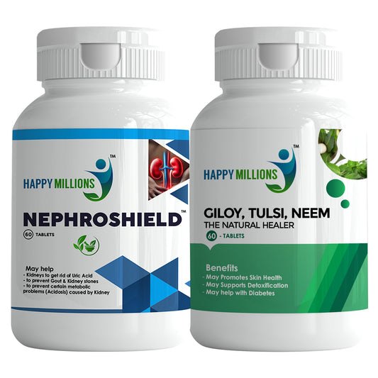 HappyMillions NephroShield & Giloy Tulsi Neem Combo | Kidney Detox & Immune Support | Natural Ayurvedic Supplements for Kidney Health & Immunity Boost | 60+60 Tablets